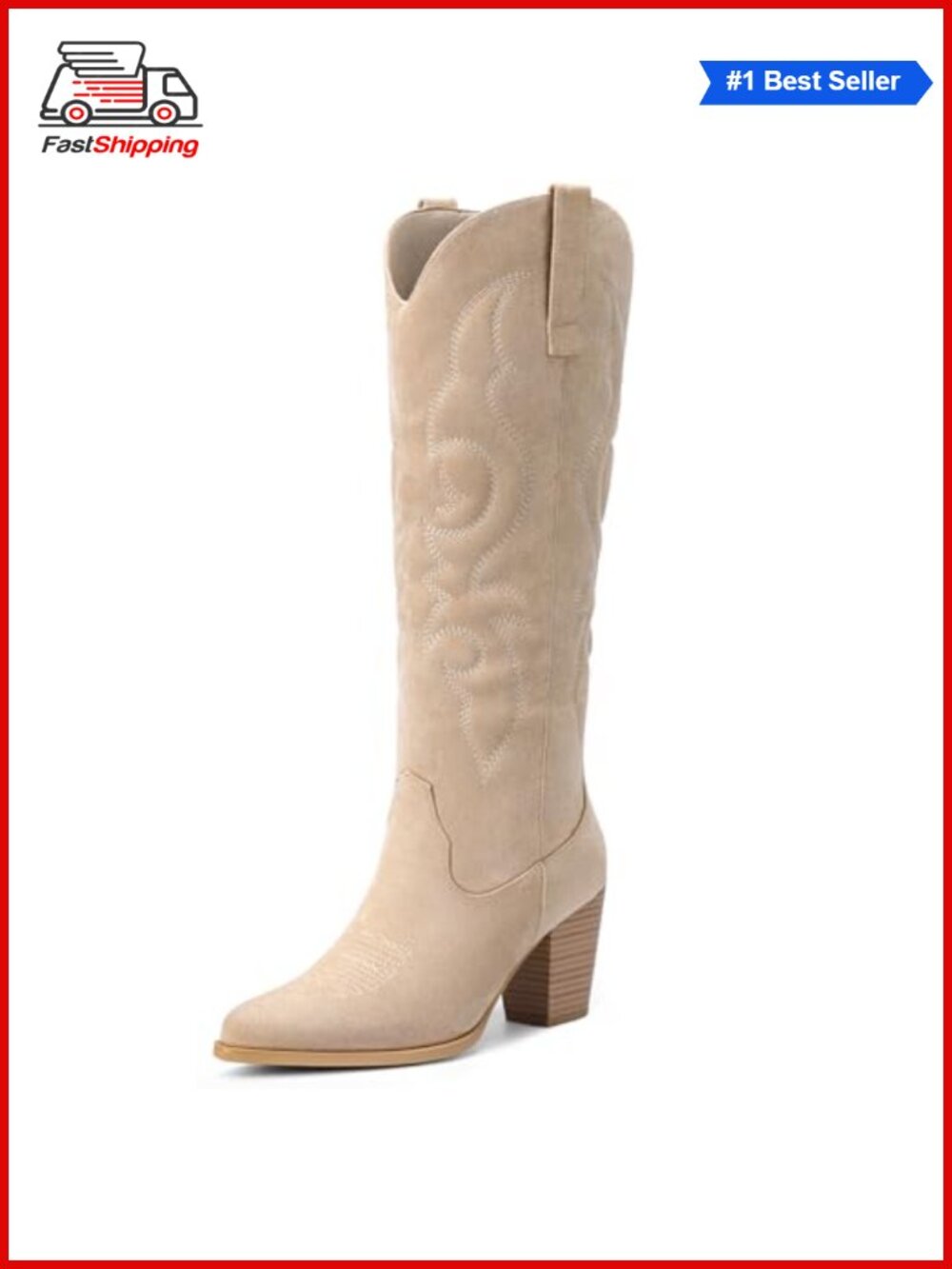 ✨ Pasuot Western Knee High Cowboy Boots Faux Suede Block Heel Pull On